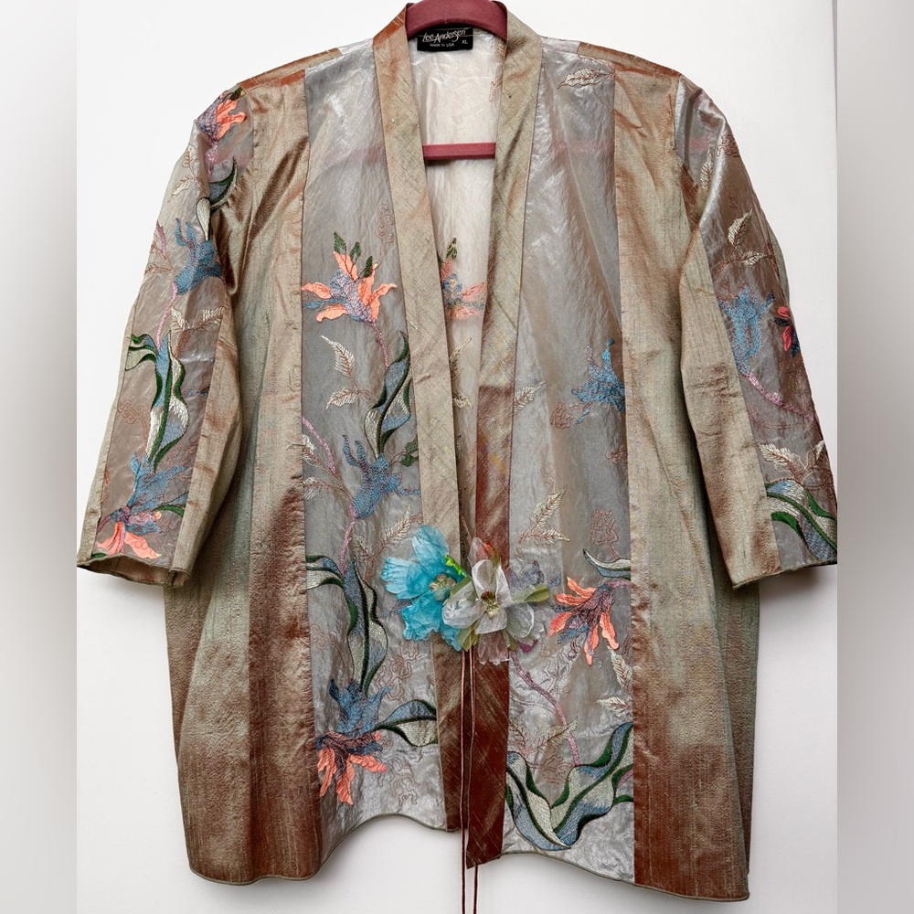 Lee Andersen hand embroidered 3/4 sleeve tie front silk blend cardigan Size XL